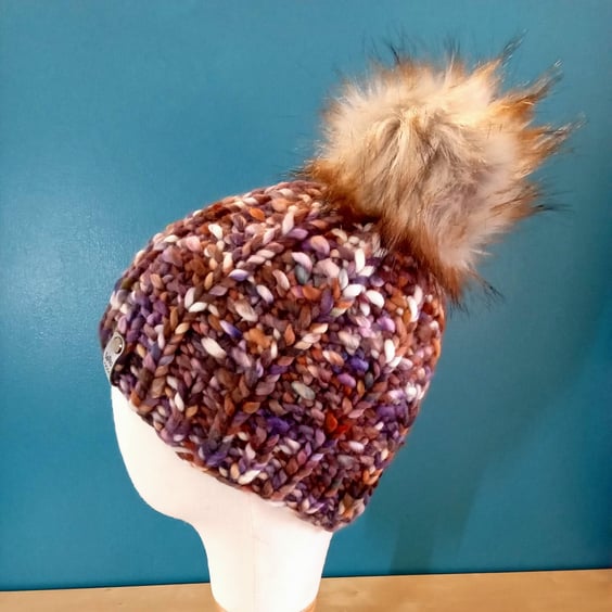 Hand Knit Hat in luxury hand-dyed Merino wool. Optional Faux fur pom.