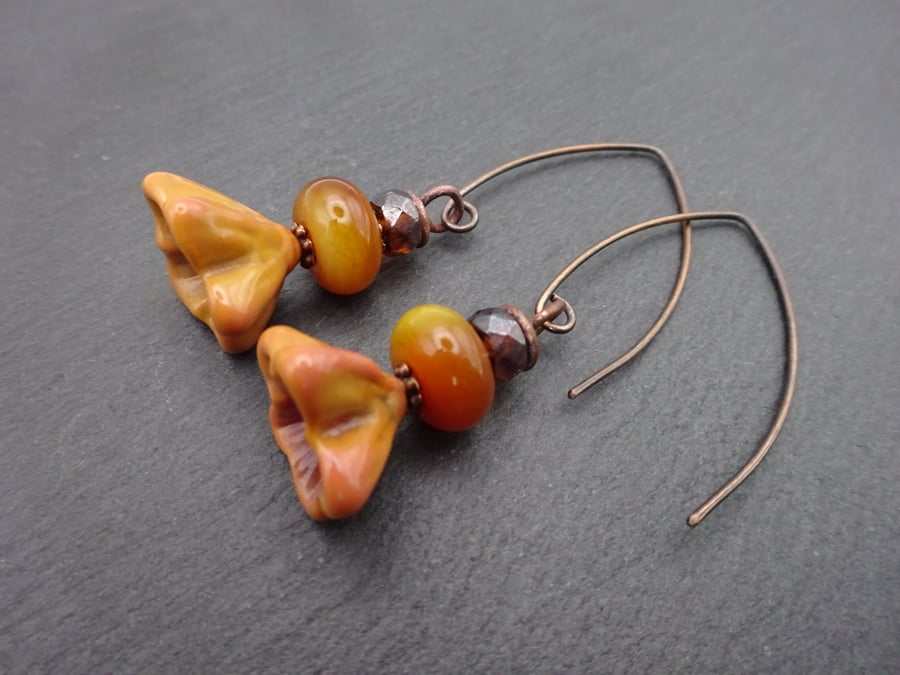 brown lampwork glass flower earrings