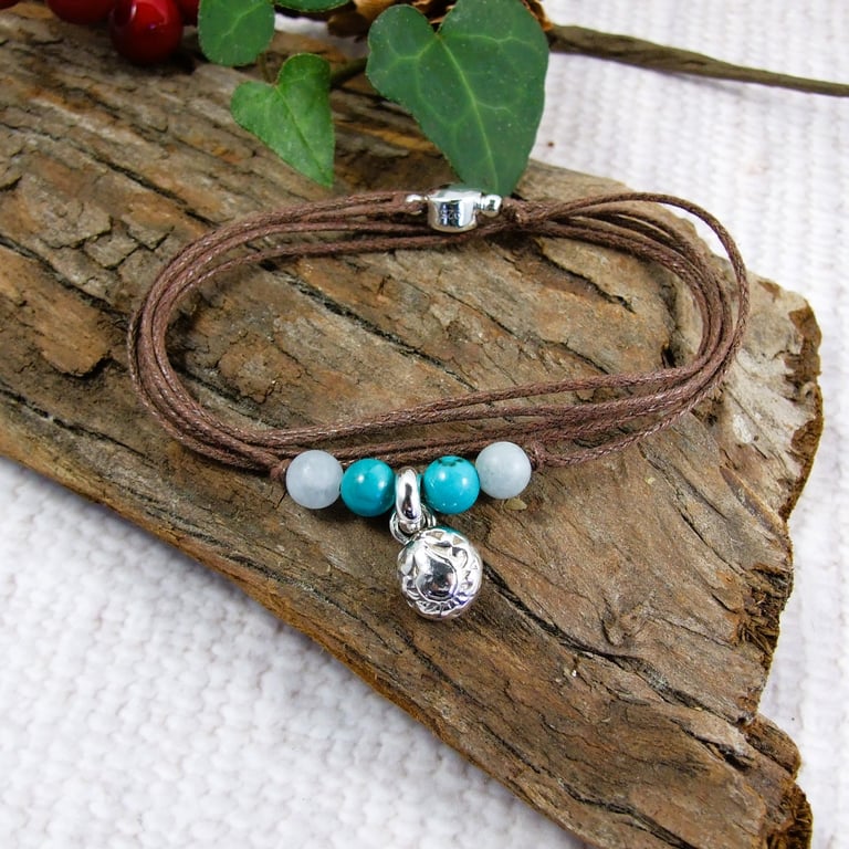 Silver Patterned Pebble Wrap Bracelet or Necklace with Aquamarine & Turquoise