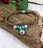 Silver Patterned Pebble Wrap Bracelet or Necklace with Aquamarine & Turquoise