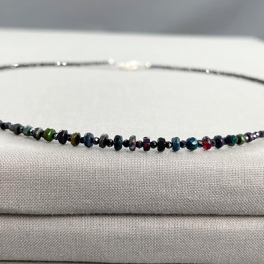 Delicate Elegant Black Ethiopian Opal & Black Spinel Sterling Silver Necklace