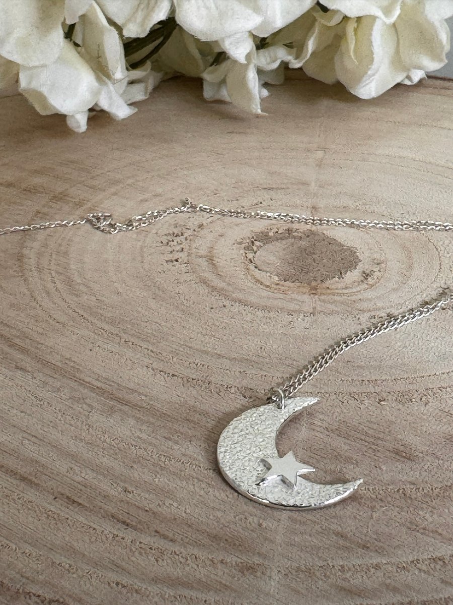 Handmade Fine Silver Moon and Stars Pendant