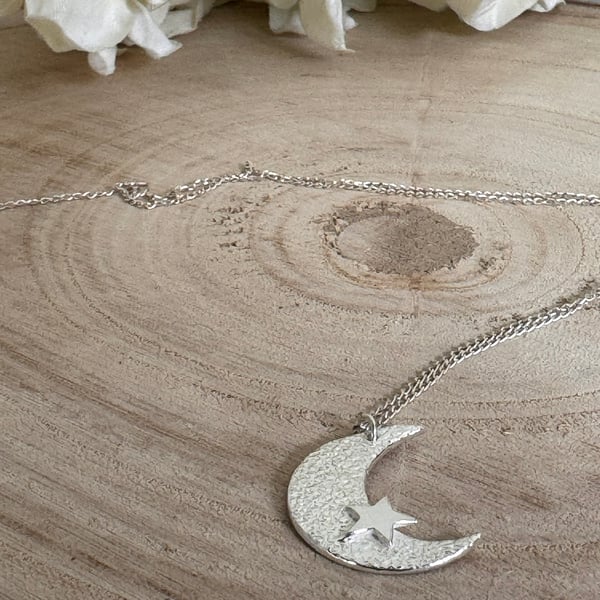 Handmade Fine Silver Moon and Stars Pendant