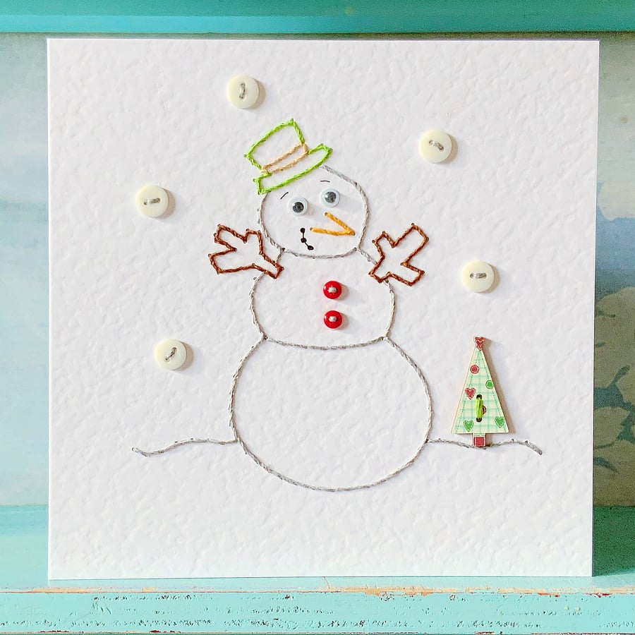Hand Sewn Snowman Card. Christmas Tree. Christmas Card. Embroidered Card.