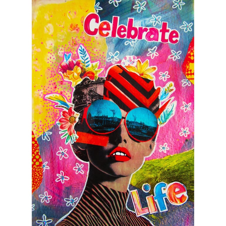 Female Portrait Art Inspirational Retro Glam Mixed Media Painting CELEBRATE LIFE