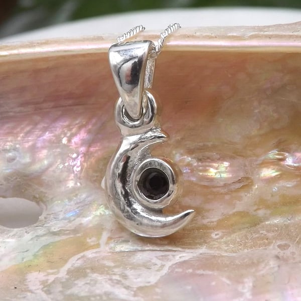 Sterling Silver Half Moon Pendant with Black Spinel Gemstone Necklace.
