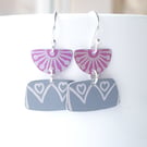 Pink and grey retro flower earrings 