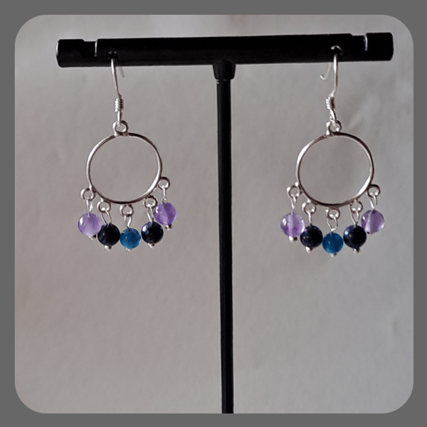 Amethyst, Lapis Lazuli, Apatite and Sterling Silver Chandelier Earrings.