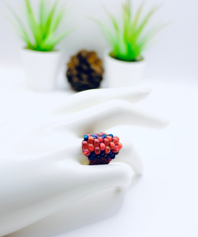 Hand Beaded Statement Ring In Pink and Purple, Size P