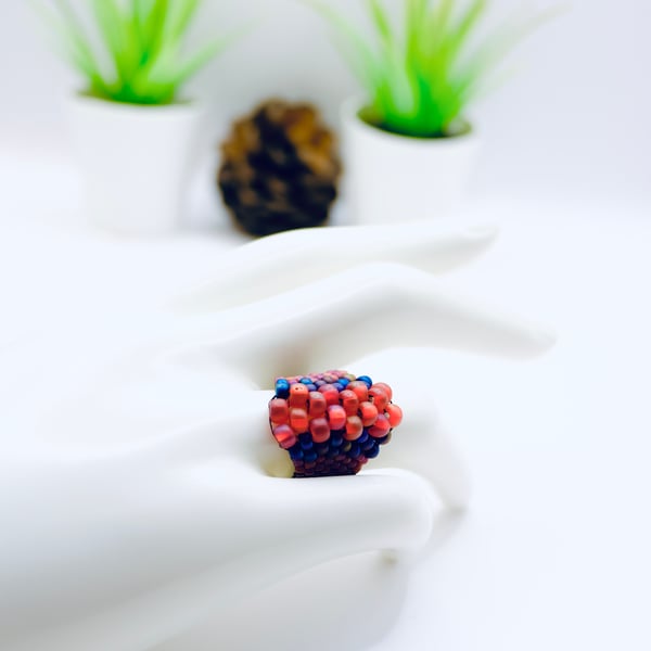Handmade Beaded Statement Ring In Pink and Purple, Size P