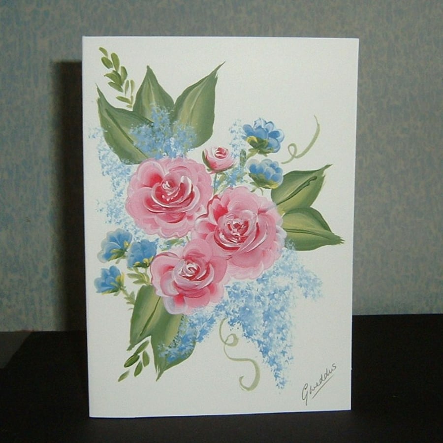 hand painted floral greetings card original 7x5" ref 264