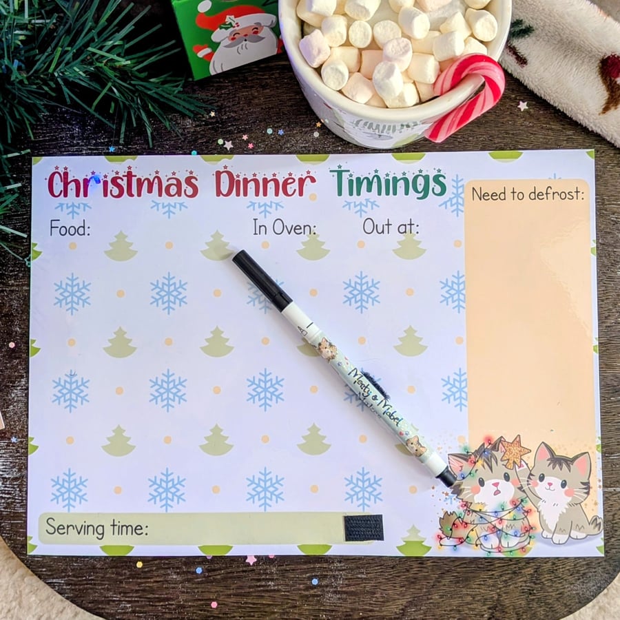 Reusable Christmas Dinner Timing Planner & Dry Wipe Pen - Cute Cat themed