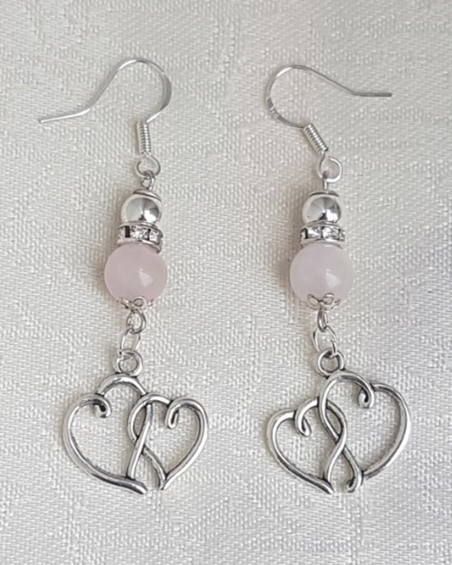 Beautiful Rose Quartz and double heart Earrings