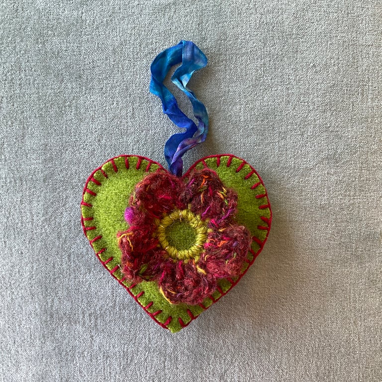 Luxury fabric heart decoration - apple green, crocheted flower
