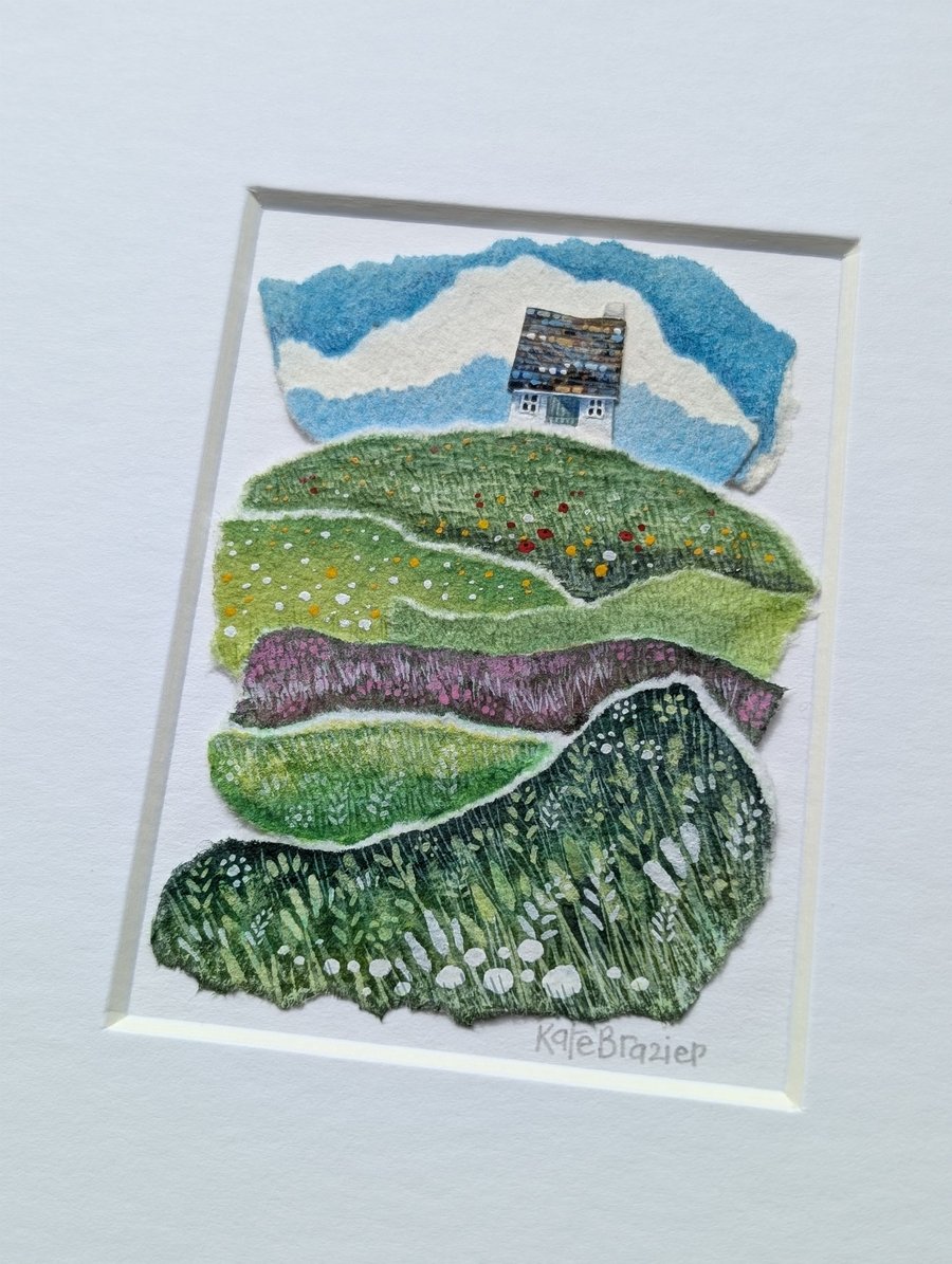 The Little Cottage on the Hill - Original miniature collage. A5 Mounted