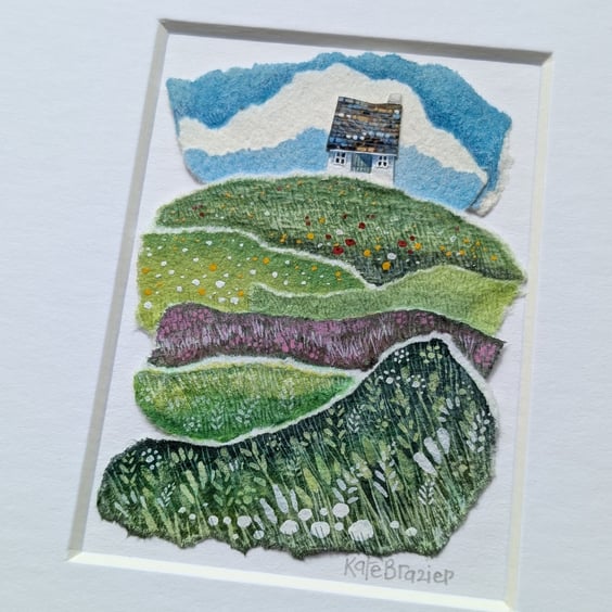 The Little Cottage on the Hill - Original miniature collage. A5 Mounted