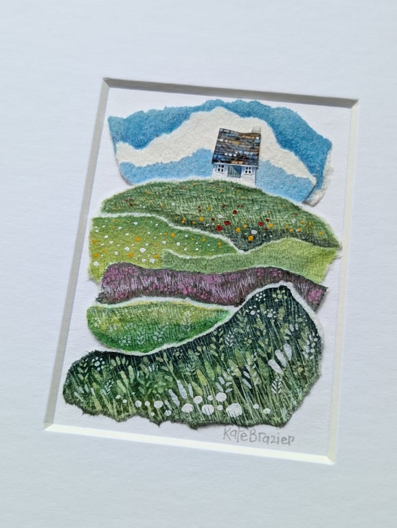 The Little Cottage on the Grassy Hill - Original miniature collage. A5 Mounted