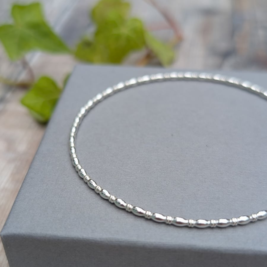 Sterling Silver Oval Beaded Wire Round Bangle - JBJ5024
