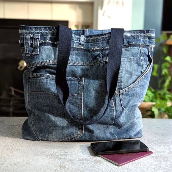Oversized Denim Tote Bag. Recycled Denim Extra Large Slouchy Tote