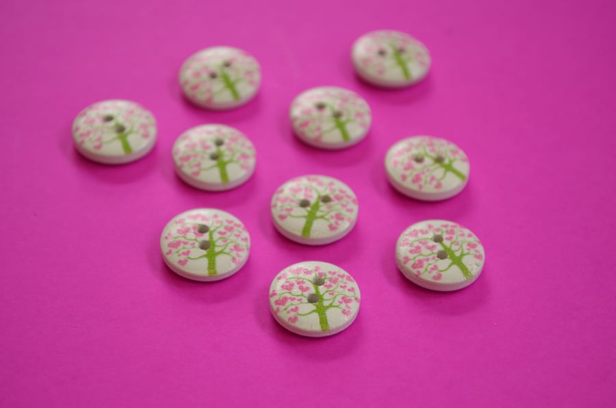 15mm Wooden Tree Buttons Pink Green White 10pk Heart Leaves (ST5)