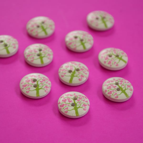 15mm Wooden Tree Buttons Pink Green White 10pk Heart Leaves (ST5)