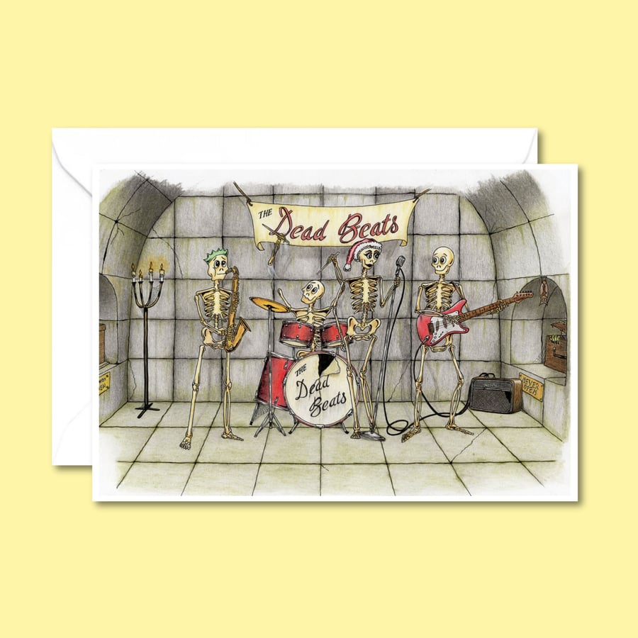 Skeleton Band Christmas Card: Hand Drawn Cartoon Art - Alternative Xmas Card 