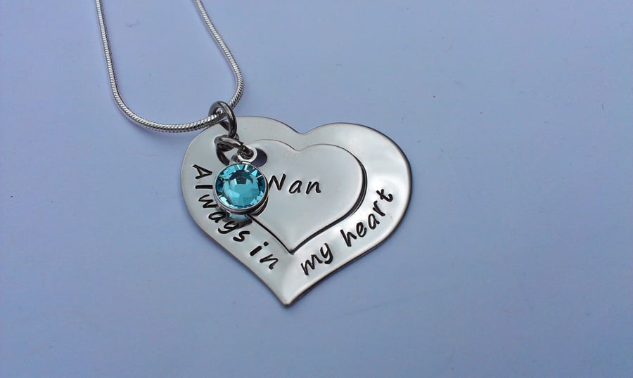 Hand stamped personalised Always in my heart remembrance necklace with crystals