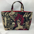 Day of the dead tote bag, Gothic shopper, handmade in Sussex