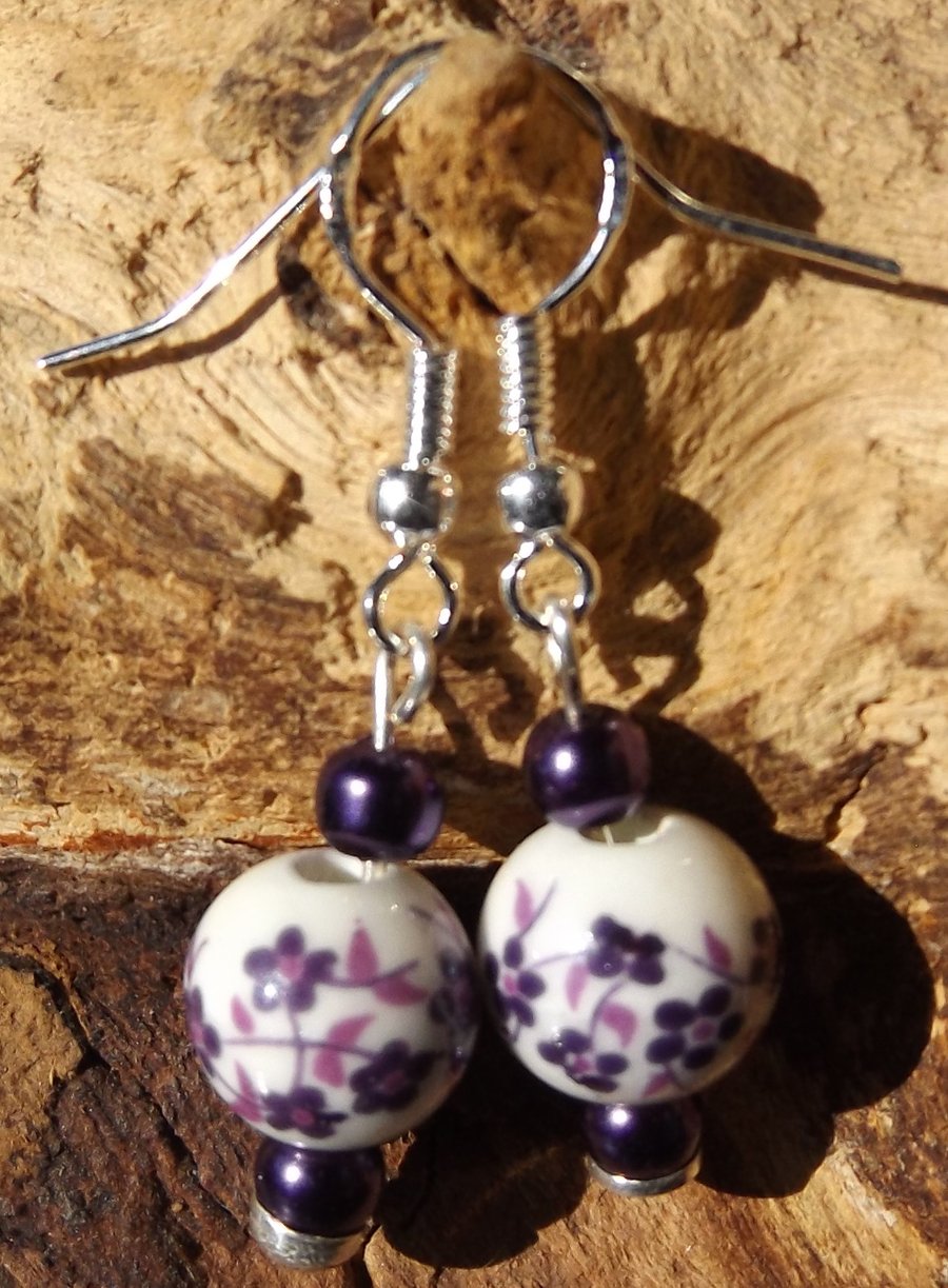 Ceramic white and purple earrings sterling silver