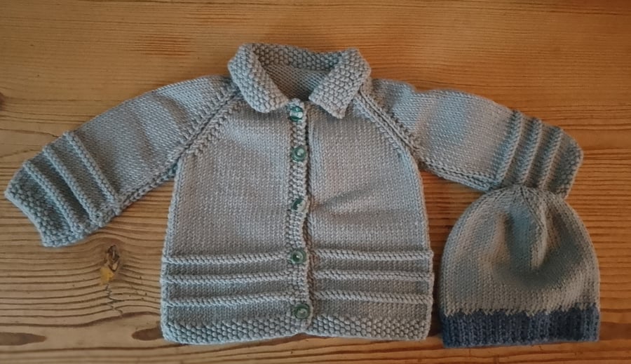 Handmade baby cardigan and hat set. Size 3-6 months.