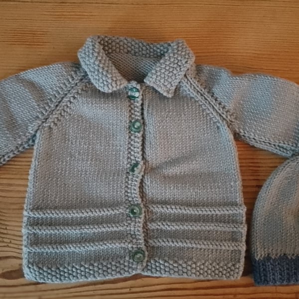 Handmade baby cardigan and hat set. Size 3-6 months.