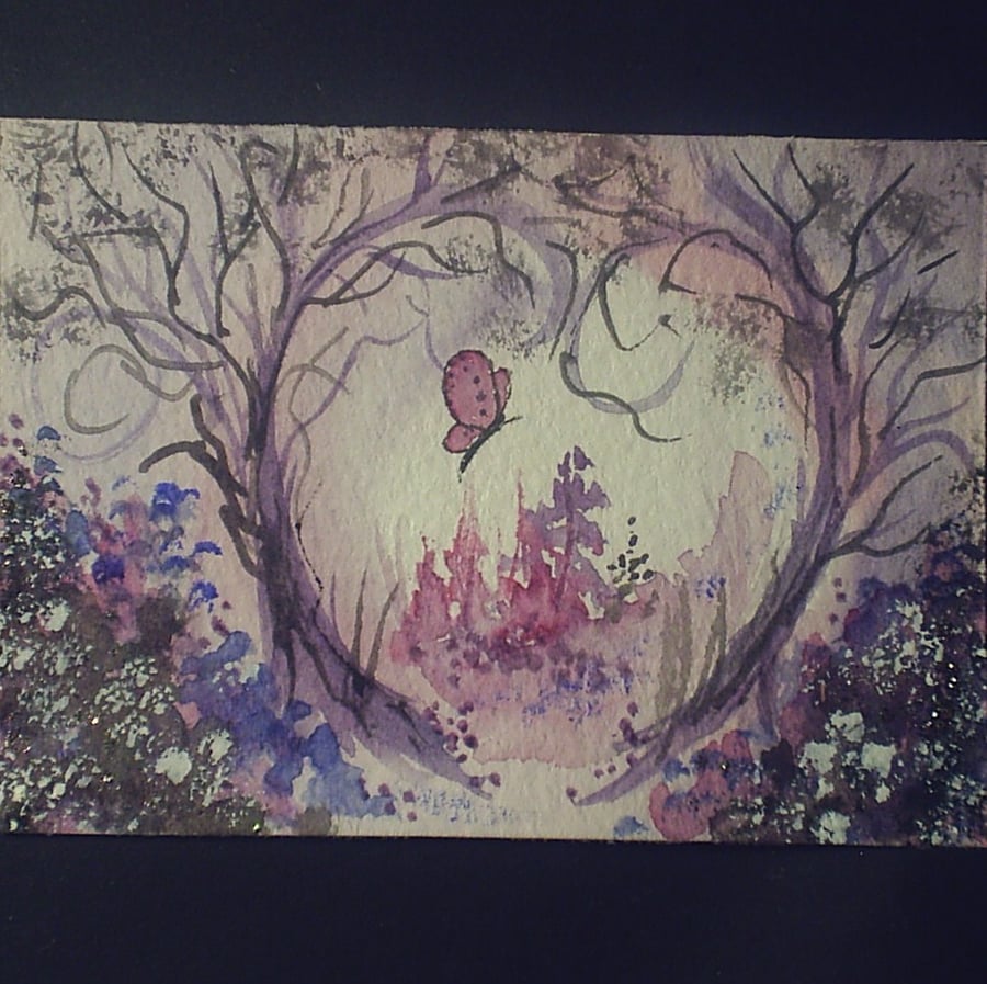 aceo SFA original miniature watercolour painting butterfly fantasy with glitter