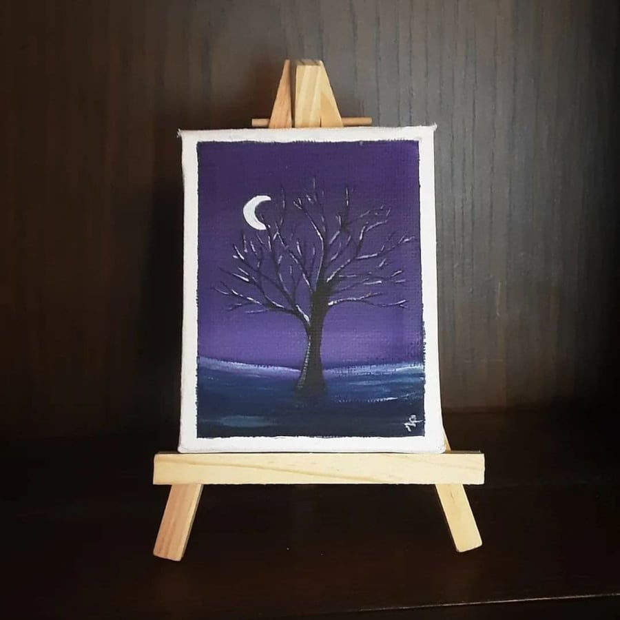 tiny moonlit tree acrylic painting 