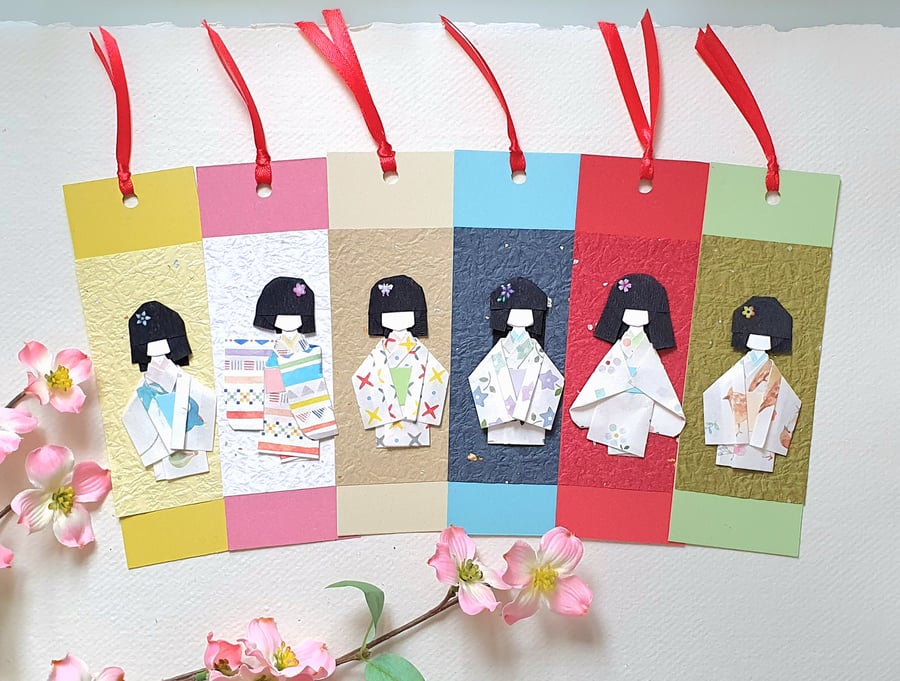 Origami Paper Doll Bookmark, japan paper doll, handmade, yuzen chiyogami washi