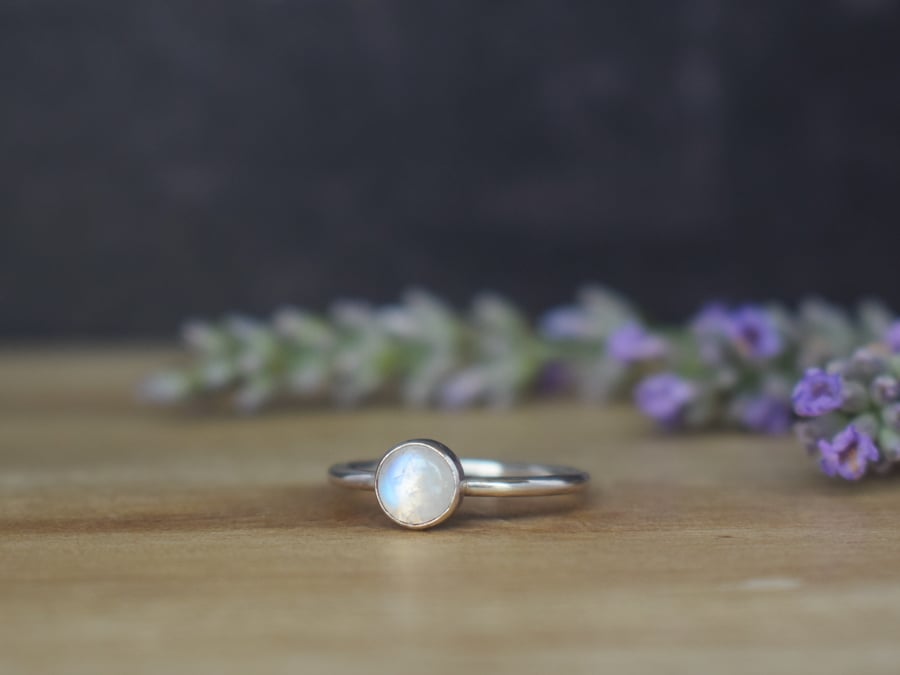 Rainbow Moonstone Gemstone Ring - Sterling Silver Stacking Ring 