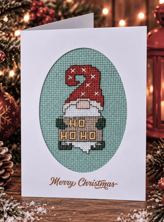 Handmade Cross Stitch Ho Ho Ho Christmas Gonk Card – 6 x 4 Inch