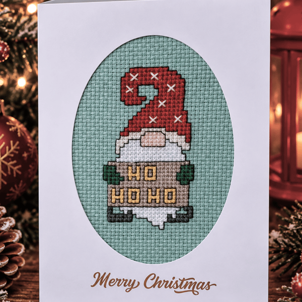 Handmade Cross Stitch Ho Ho Ho Christmas Gonk Card – 6 x 4 Inch