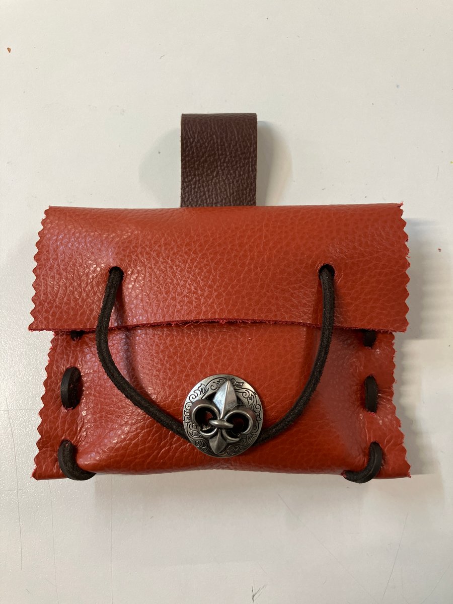Small Pouch - Red Leather Medieval Style - Fleur de Lis Closure FREE SHIPPING