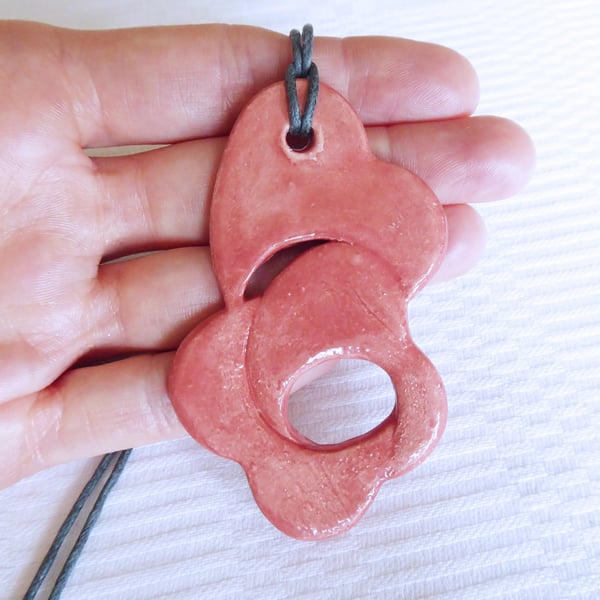 Salmon Pink Ceramic Pendant on Light Grey Cord Necklace