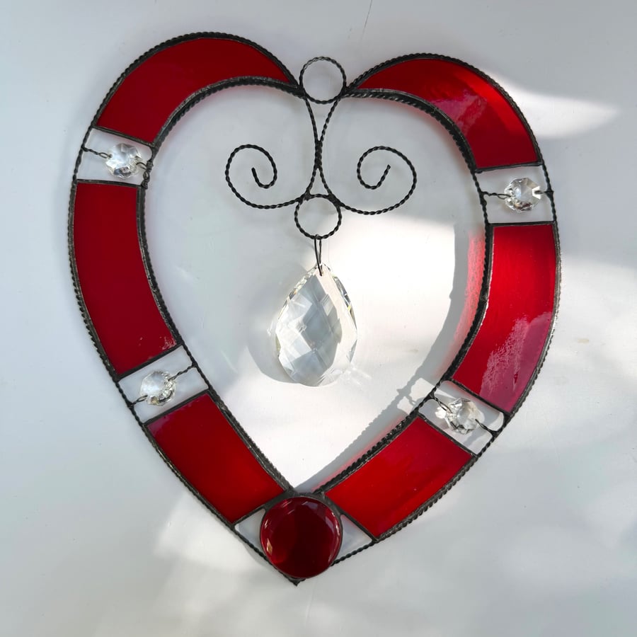 Stained Glass and Wire Heart Suncatcher - Handmade - red