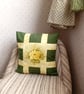 Patchwork cushion cover, green with yellow rose - Image 3