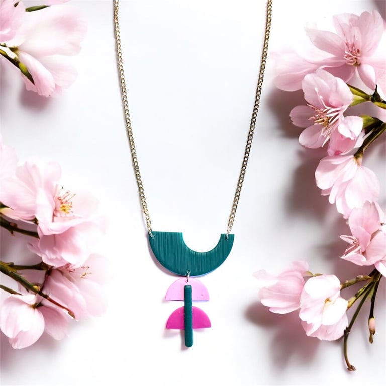 Teal Semi Circle  Hot Pink Geometric Drop Long Polymer Clay Statement Necklace