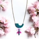 Teal Semi Circle  Hot Pink Geometric Drop Long Polymer Clay Statement Necklace
