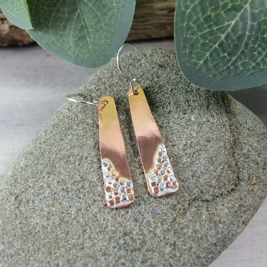 Earrings, Sterling Silver and Copper Decorated Dropper Earrings