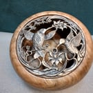 Handmade wooden Pot pourri container, Pewter lid showing 2 birds