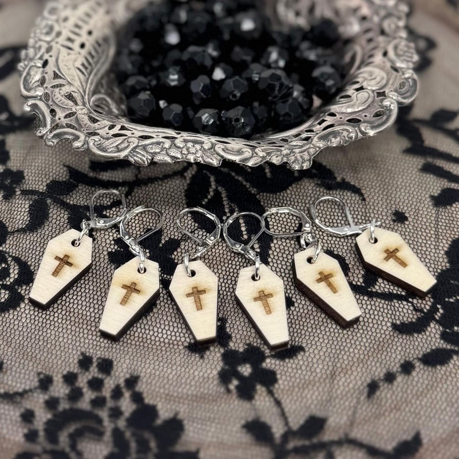 Stitch Markers for knitting and crochet, set of 6 coffin style wooden notions