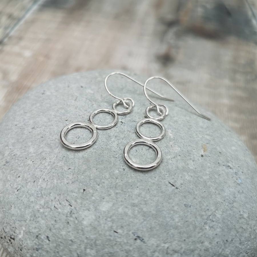 Sterling Silver Three Circle Ring Drop Earrings 