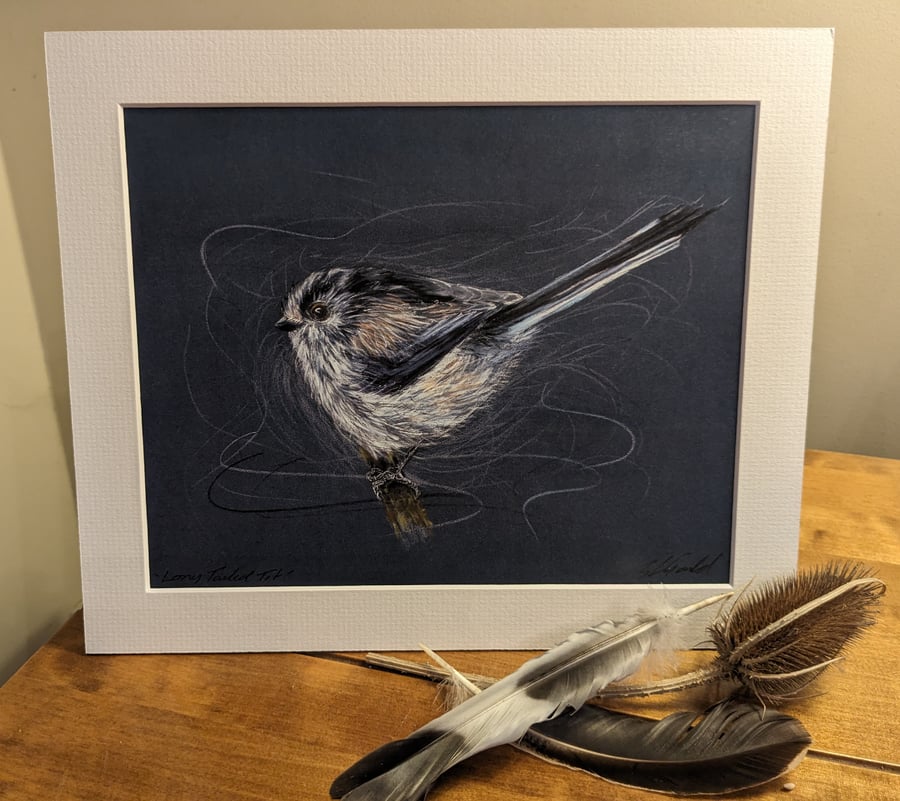 Long Tailed Tit, a mounted and signed print of an original drawing