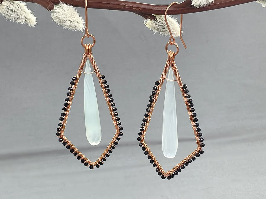 Art Deco Aqua Chalcedony & Black Spinel Copper Elongated Rhombus Prism Earrings