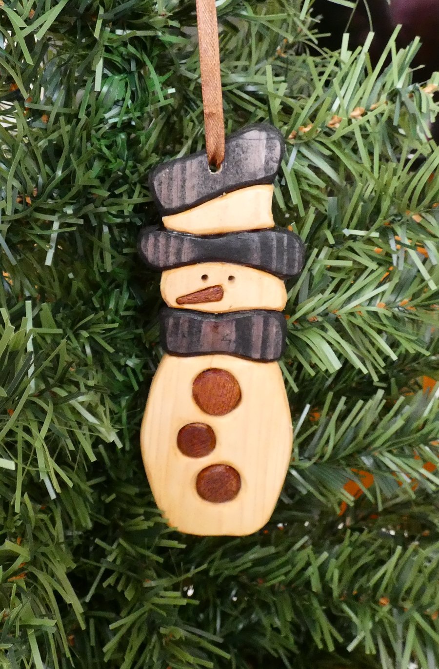 Unique Wooden Snowman with a Black Hat and Scarf Christmas Decoration